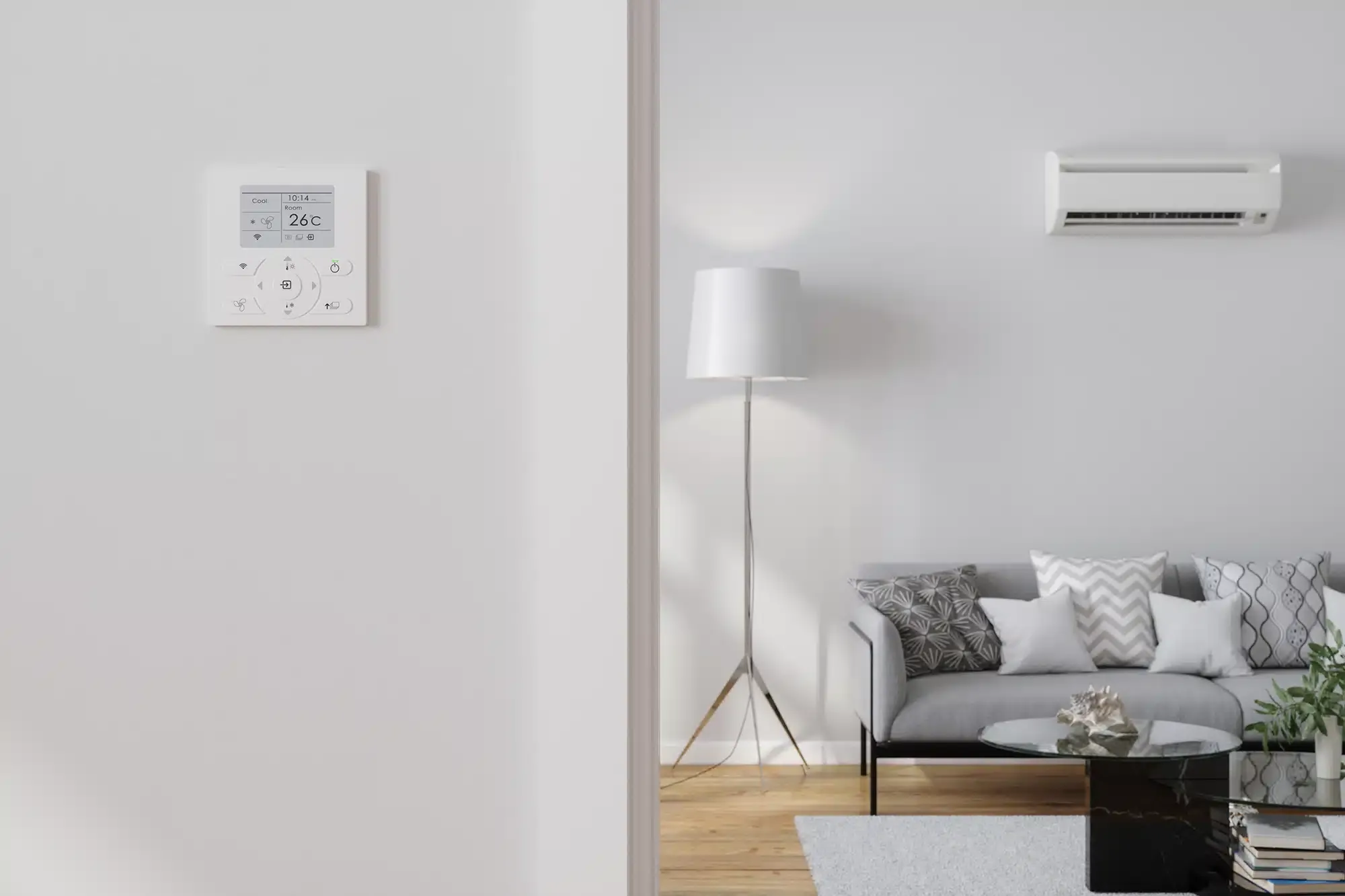 Ductless AC with thermostat on wall in residential home in Monroe Township, NJ.