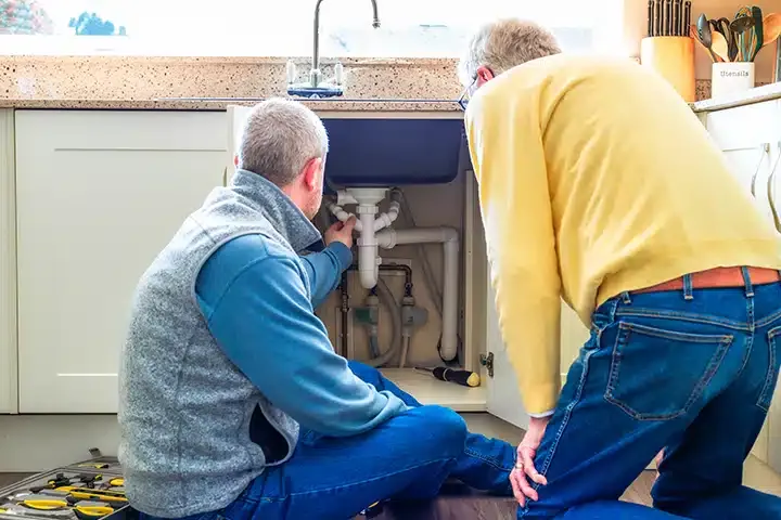 Two men fixing kitchen plumbing in Monroe Township, NJ.
