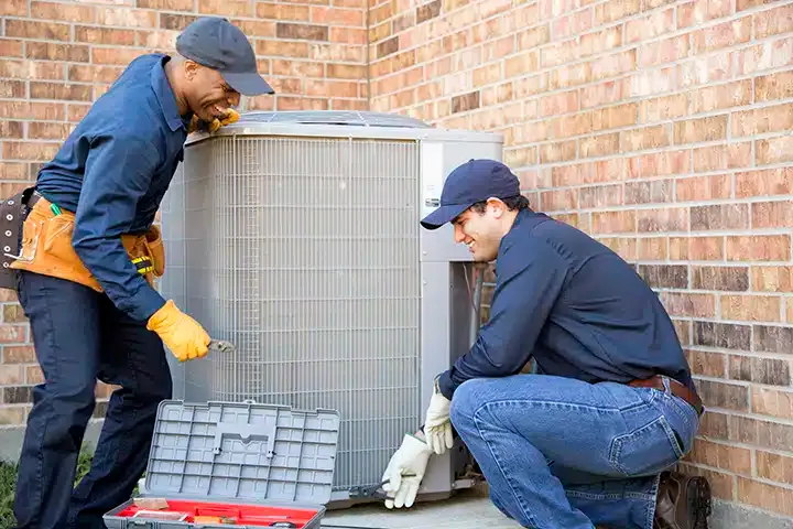 Techs repairing AC in Monroe Township, NJ.